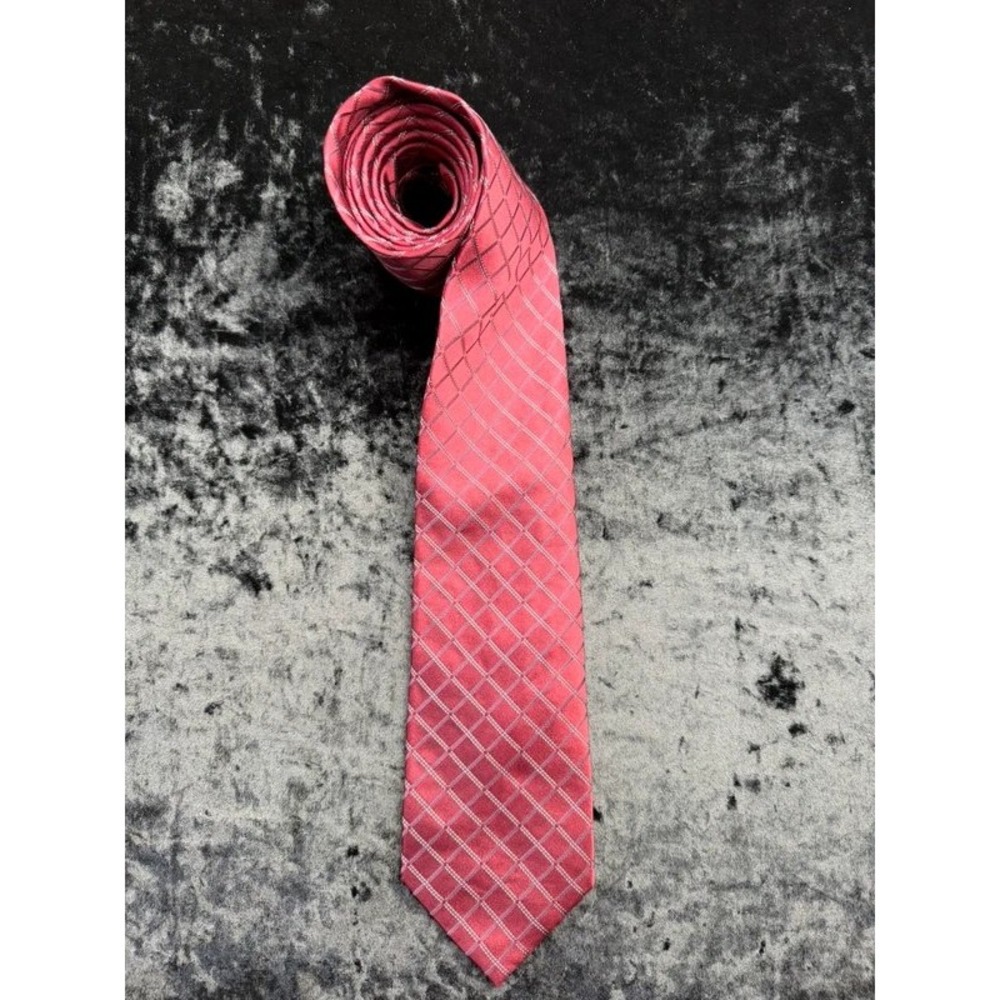 Calvin Klein Men's 100% Silk Tie Red Pink Plaid Check 3" Necktie‎